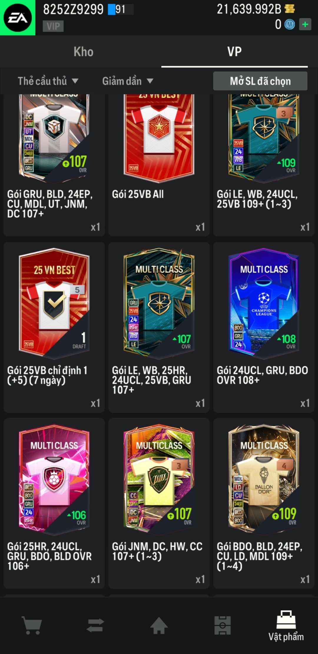 Ảnh ACC mở thẻ (LOẠI SVIP) gồm 500+ đến 700+ thẻ cầu thủ từ Siêu sao đến Miền núi các loại. Có sẵn BP trắng từ 18.500 tỷ BP đến 22.500 tỷ BP
